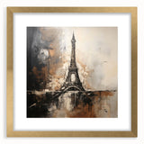 Abstract art print of Paris skyline in muted gold and blue tones on a framed canvas, suitable for dining room decor.