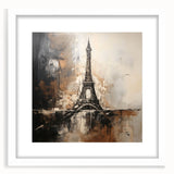 Textured art of abstract Paris skyline in muted gray and blue tones on a framed white mat, ideal for bedroom art.