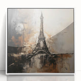 Mid-century modernist art of Paris skyline in muted colors on framed acrylic, ideal for nursery wall decor.