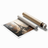 A large rolled print depicting a floral Parisian scene in pastel shades, ideal for classy bathroom wall art.