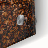 Large abstract wall art in warm autumn hues on acrylic glass, ideal for dining room ambiance.