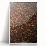 Art deco poster featuring an abstract fall scene in muted orange and brown tones, framed in white acrylic.