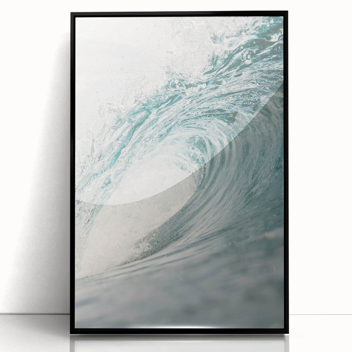 Large abstract wall art featuring swirling blue and white patterns on black acrylic, framed in black.