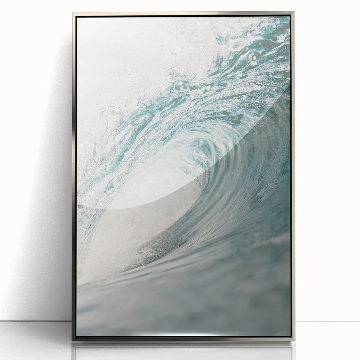 Mid-century modernist art featuring a summer theme in pastel colors on a silver-framed acrylic print.
