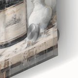 Large abstract wall art in muted blues and grays on acrylic glass.