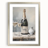 Textured abstract art print in cool blue and gray tones on a framed silver canvas, suitable for bedroom decor.