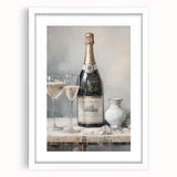 Abstract art print depicting a winter scene in muted blue and white tones, framed with a white mat.