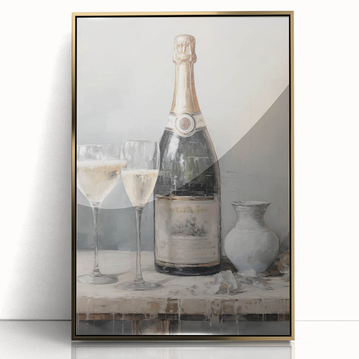 Large art print of a mid-century modernist winter scene in muted blue and gold tones, framed acrylic.