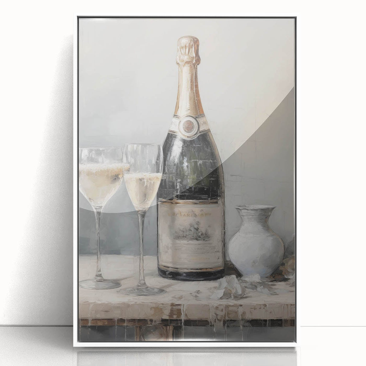 Art deco poster featuring a winter scene in muted blue and white tones on a framed acrylic, ideal for nursery wall decor.
