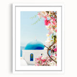 Abstract art print featuring swirling blue and white patterns on a framed canvas, suitable for dining room or bedroom decor.