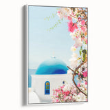 Vintage poster art featuring a colorful abstract design on an extra-large white-framed canvas.