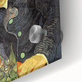 Large abstract wall art on acrylic glass depicting vibrant swirls in blue and yellow, ideal for dining room ambiance.