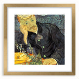 Abstract art print of swirling blues and yellows on a gold-framed canvas, suitable for bedroom or dining room decor.