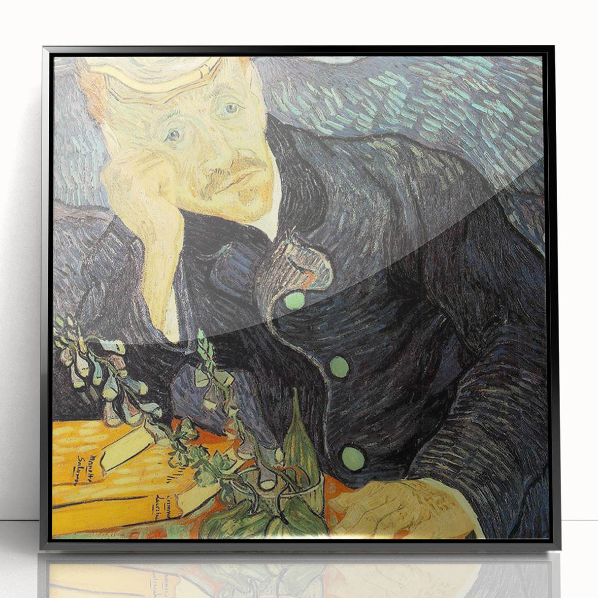 Large abstract wall art print featuring swirling blue and yellow patterns on a framed acrylic.