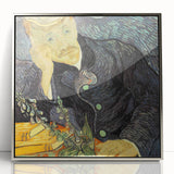 Large art print of Van Gogh's Starry Night in a silver frame, featuring swirling blues and yellows.