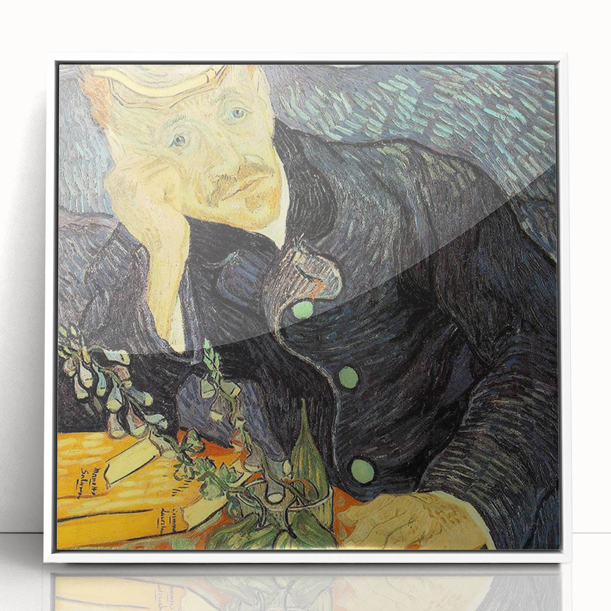 Mid-century modernist art of a starry night scene in vibrant blue and yellow tones on a white acrylic framed poster.