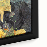 Close-up of a textured, extra-large framed canvas depicting a colorful, abstract interpretation of Van Gogh’s style.