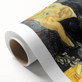 Art deco style poster of Van Gogh's Starry Night on rolled canvas, featuring swirling blue and yellow tones.