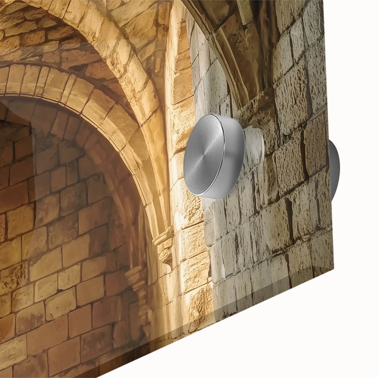 Close-up of an acrylic glass artwork depicting a vibrant landscape with a majestic castle, showcasing rich colors and intricate details, ideal for home decor.