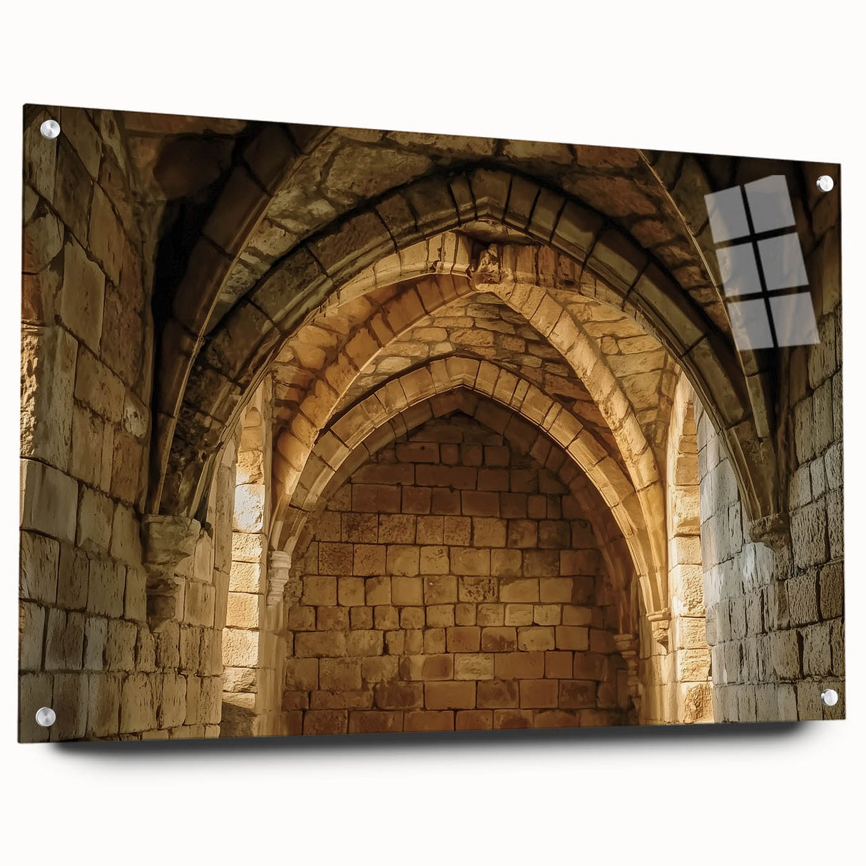 Acrylic glass artwork showcasing a stunning landscape with a historic castle, featuring vibrant colors and intricate details, displayed from a side view with decorative pins for hanging. Ideal for home decor and art enthusiasts looking to enhance their space with classic elegance.