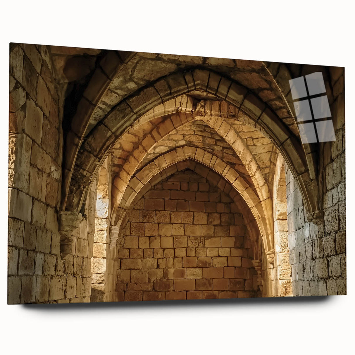 Acrylic glass artwork showcasing a stunning side view of a majestic castle landscape, featuring vibrant colors and intricate details, ideal for home decor.