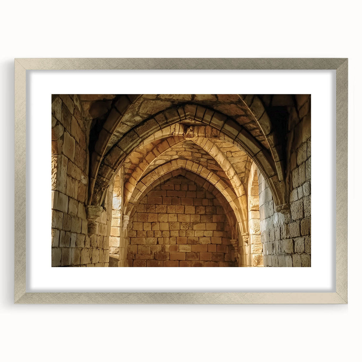 Silver-framed landscape artwork showcasing a majestic castle surrounded by lush greenery, elegantly matted for a refined presentation, ideal for home décor.