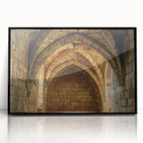 Framed acrylic artwork of a serene landscape featuring a majestic castle, set against a vibrant sunset. The black frame enhances the visual appeal, making it perfect for home decor.