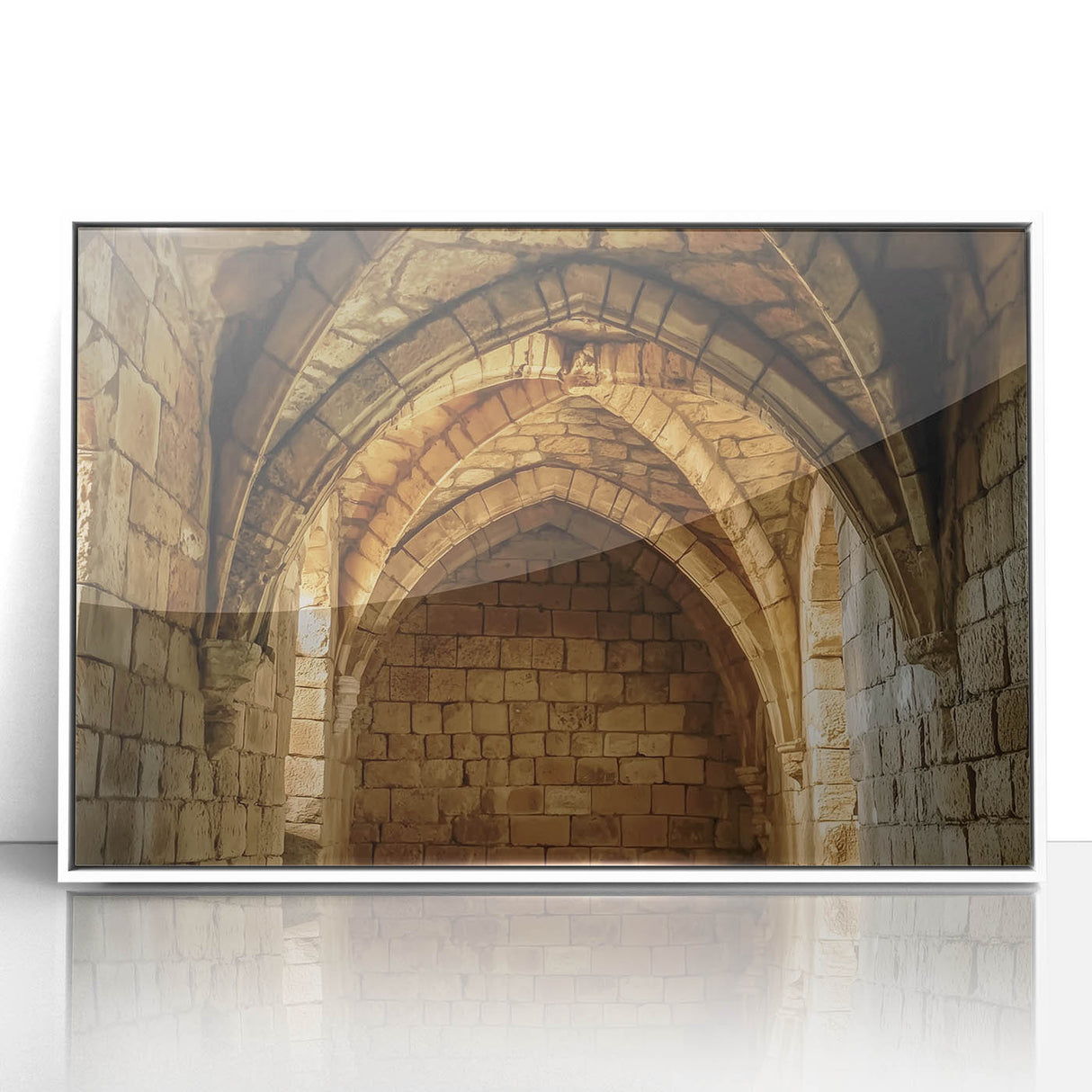 Framed acrylic landscape artwork showcasing a majestic castle surrounded by lush greenery, set in a sleek white frame for an elegant home decor accent.
