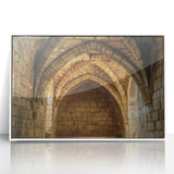 Framed acrylic landscape artwork showcasing a majestic castle surrounded by lush greenery, set in a sleek white frame for an elegant home decor accent.