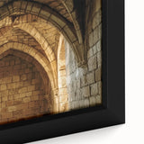 Close-up of a framed canvas artwork depicting a majestic castle landscape, with vibrant colors and intricate details, ideal for home decor enthusiasts.