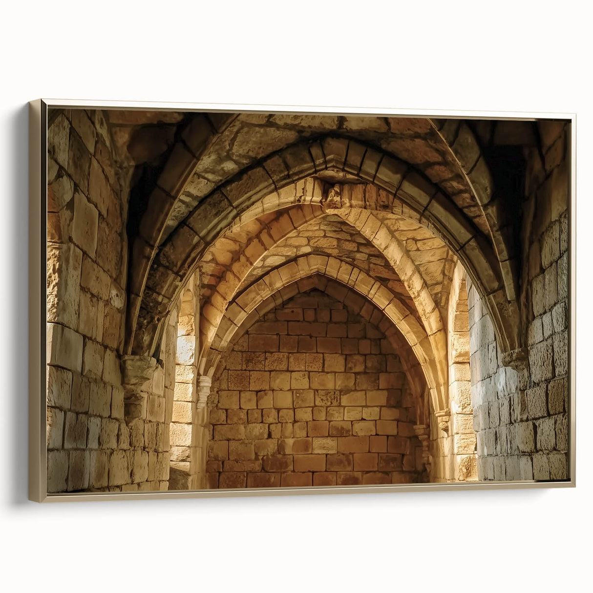 Framed canvas artwork depicting a stunning landscape with a castle, featuring a gold border and side view, perfect for elegant home decor. Ideal for interior design enthusiasts.