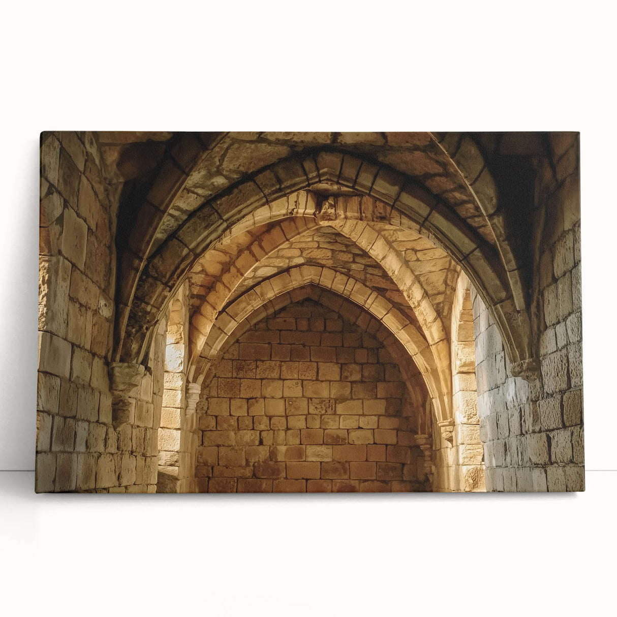 Stretched canvas artwork depicting a serene landscape with a majestic castle surrounded by lush greenery, ideal for home decor or art enthusiasts.