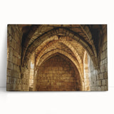 Stretched canvas artwork depicting a serene landscape with a majestic castle surrounded by lush greenery, ideal for home decor or art enthusiasts.