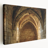 Stretched canvas artwork depicting a serene landscape with a majestic castle set against a vibrant sunset sky, showcasing rich colors and intricate details, ideal for home decor.