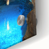 Close-up of a vibrant acrylic and glass artwork depicting a stunning cave landscape, showcasing intricate details and vivid colors, perfect for contemporary decor.