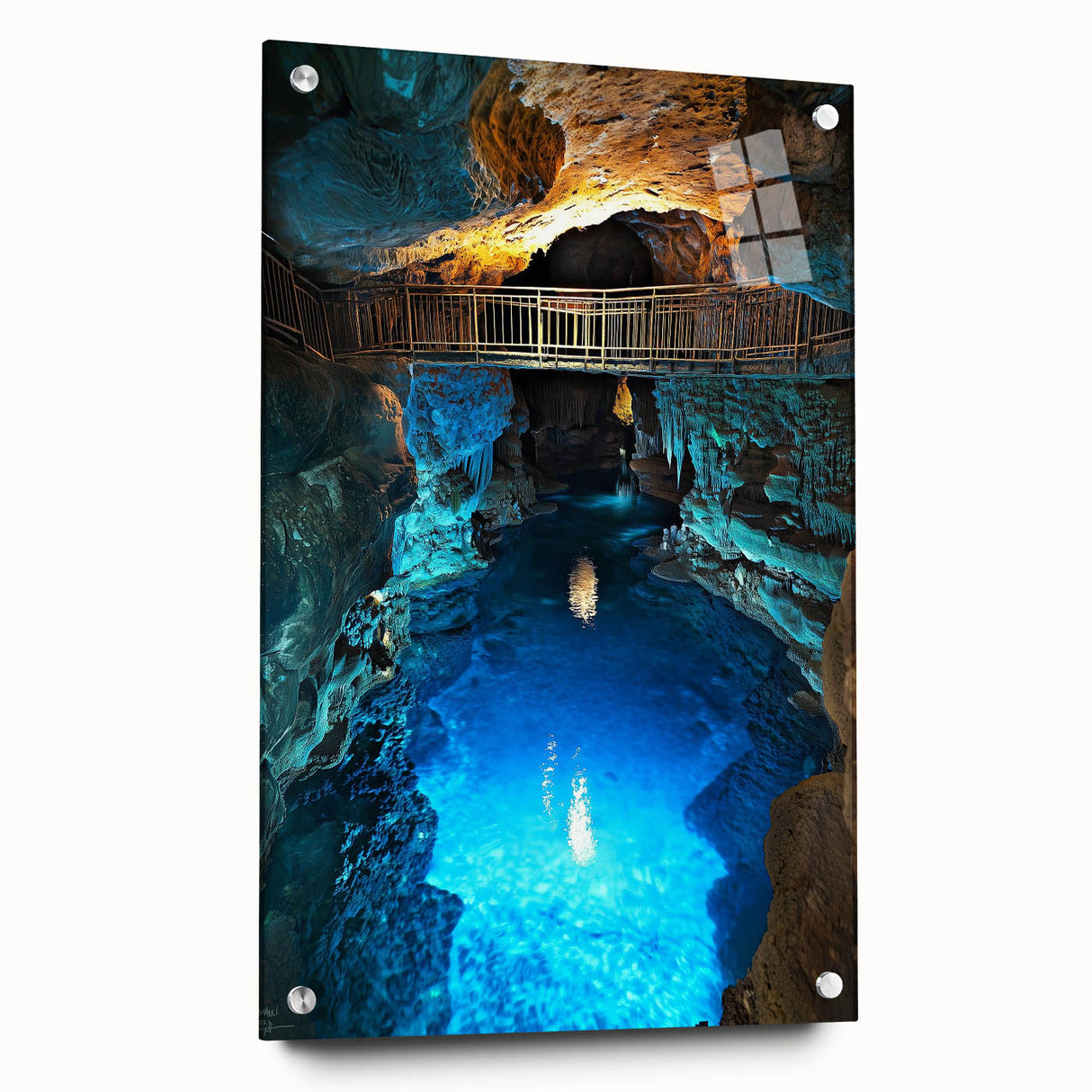 Side view of an acrylic glass artwork depicting a scenic landscape with caves, highlighted by vibrant colors and secured with pins for display. This design adds a modern touch to any interior decor.