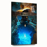 Acrylic landscape artwork showcasing a stunning cave view in vibrant colors, displayed in a sleek glass frame, perfect for modern home decor.