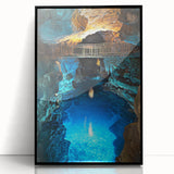 Framed acrylic artwork showcasing a serene landscape with intricate cave formations, presented in a sleek black frame, perfect for modern home decor.