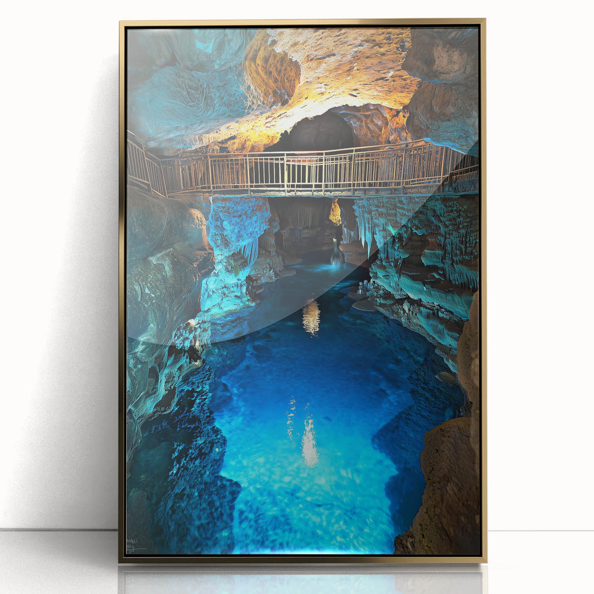 Framed acrylic wall art depicting a stunning landscape with caves, featuring a gold border and showcasing intricate details that enhance any decor. Ideal for nature lovers.