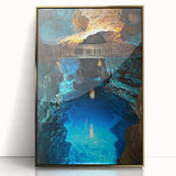 Framed acrylic wall art depicting a stunning landscape with caves, featuring a gold border and showcasing intricate details that enhance any decor. Ideal for nature lovers.