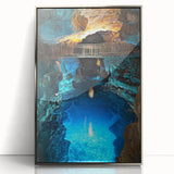 Framed acrylic artwork showcasing a stunning landscape scene with intricate cave formations, presented in a sleek silver frame, ideal for modern decor.