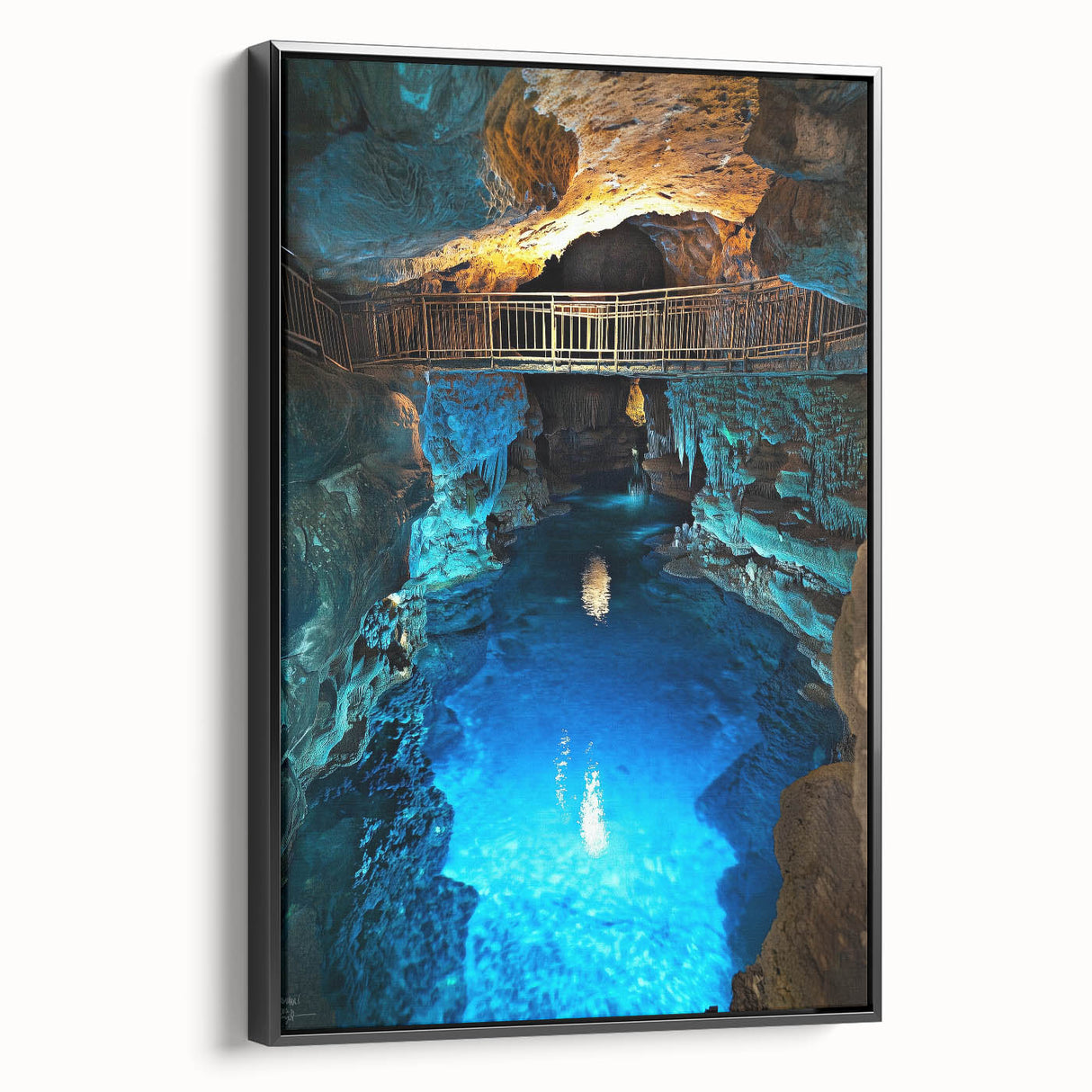 Framed canvas artwork showcasing a stunning landscape of caves, featuring rich earthy tones, presented in a sleek black frame, perfect for modern home decor.