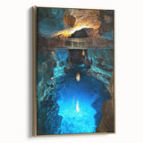 Framed canvas artwork depicting a stunning landscape with caves, featuring a gold border for an elegant touch. Ideal for enhancing modern home decor and art collections.