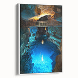 Framed canvas artwork depicting a serene landscape with cave formations, showcasing earthy tones and intricate details, ideal for enhancing home decor aesthetics.