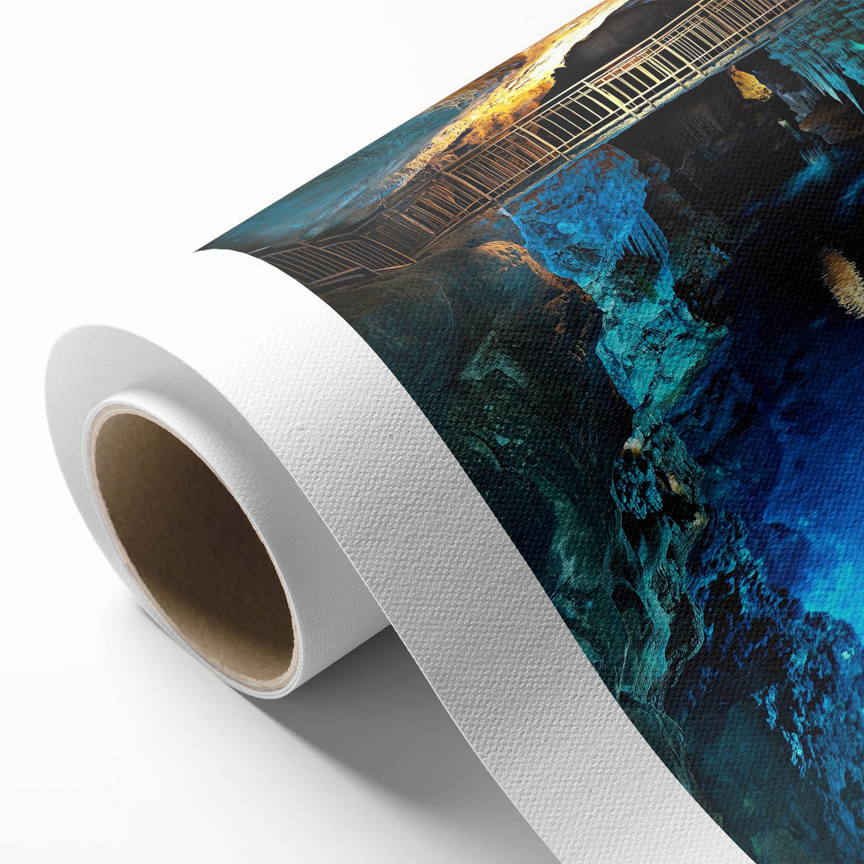 Rolled canvas art depicting a stunning landscape with caves and vibrant colors, ideal for home decor, showcasing natural beauty and artistic detail.