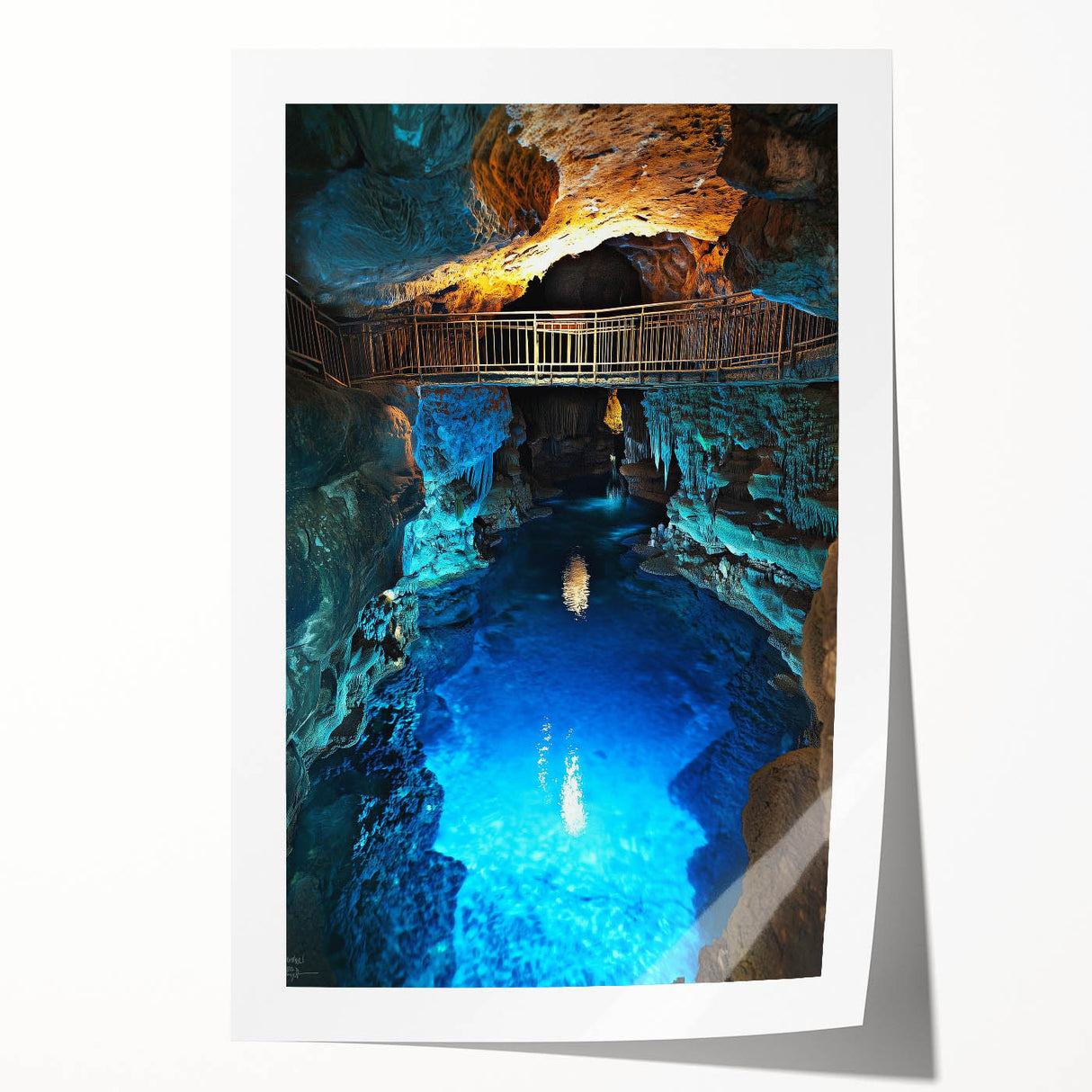 Stunning rolled print showcasing a vibrant landscape with intricate cave formations, perfect for home decor. Packaged securely in a durable cardboard tube.