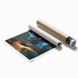 Stunning landscape print showcasing intricate cave formations in earthy tones, rolled and packaged securely in a cardboard tube for easy shipping and display.