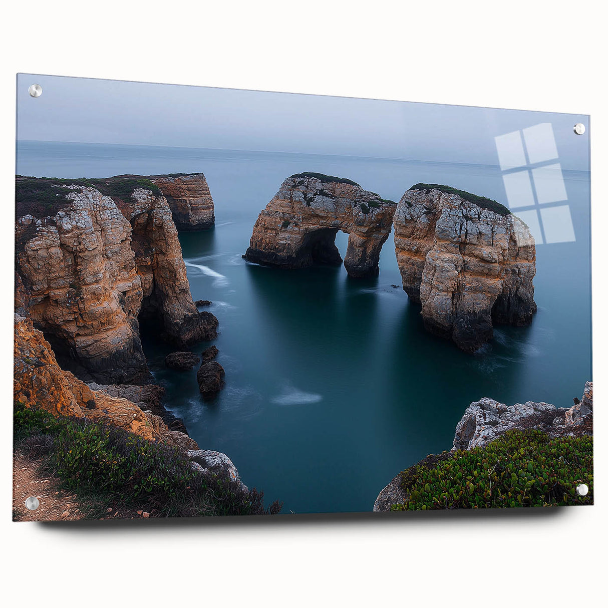 Acrylic landscape artwork depicting vibrant cliffs in a side view, mounted with pins for display, showcasing rich colors and intricate details. Ideal for modern decor.