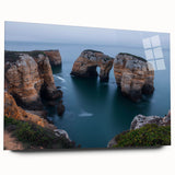 Acrylic landscape artwork depicting dramatic cliffs in vibrant colors, showcasing intricate details and depth, displayed in a sleek glass frame, ideal for modern home decor.