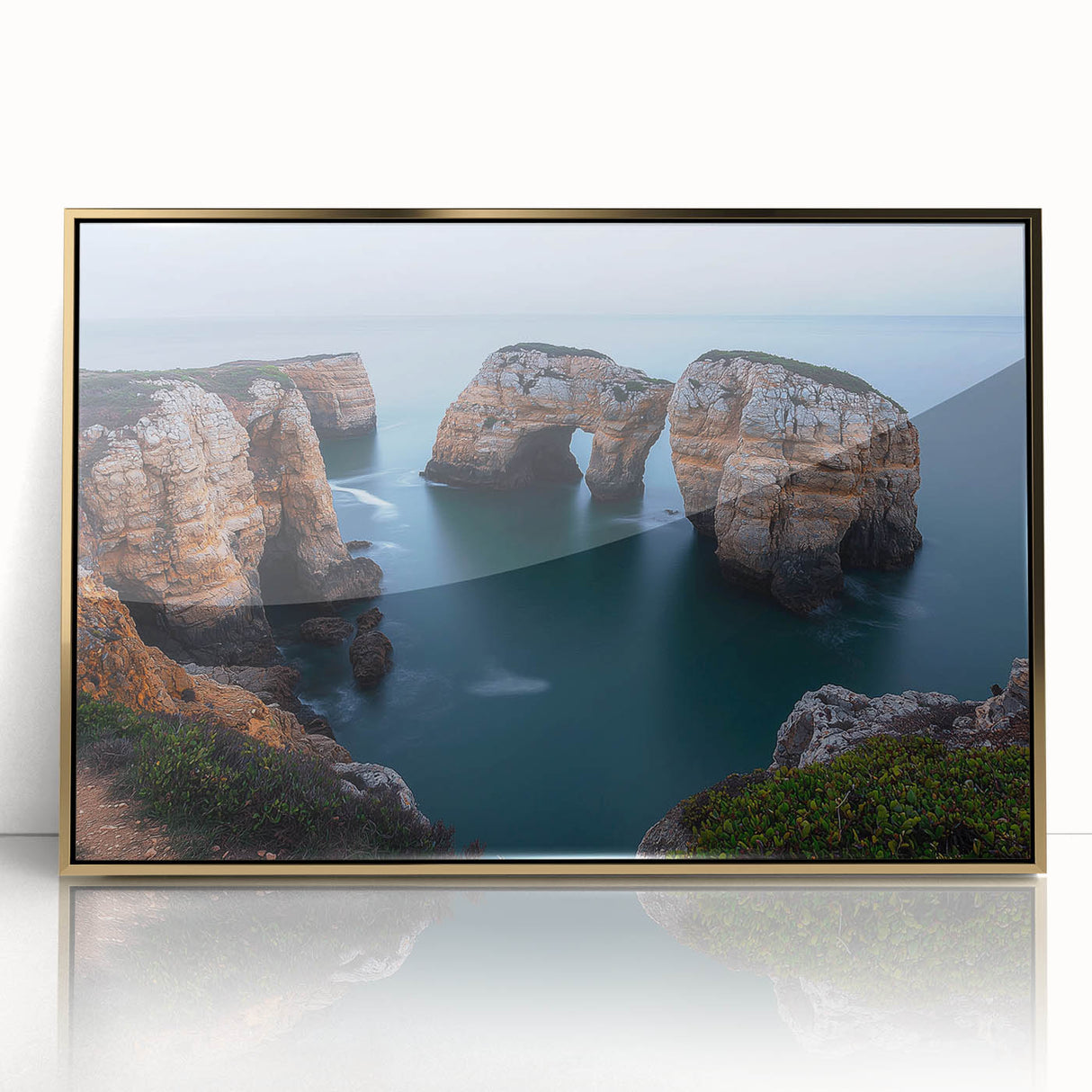 Framed acrylic artwork showcasing a vibrant landscape of cliffs against a dramatic sky, highlighted by gold accents, perfect for modern home decor.